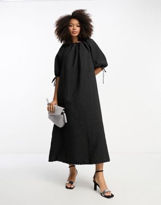ASOS DESIGN textured midi smock dress with gathered neck in black - ASOS Price Checker
