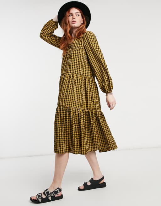 ASOS DESIGN - Robe babydoll mi-longue texturée à volants étagés - Carreaux