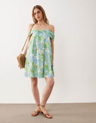 Robe bandeau courte à imprimé fleuri et épaules dénudées - Vert-multicolore 42