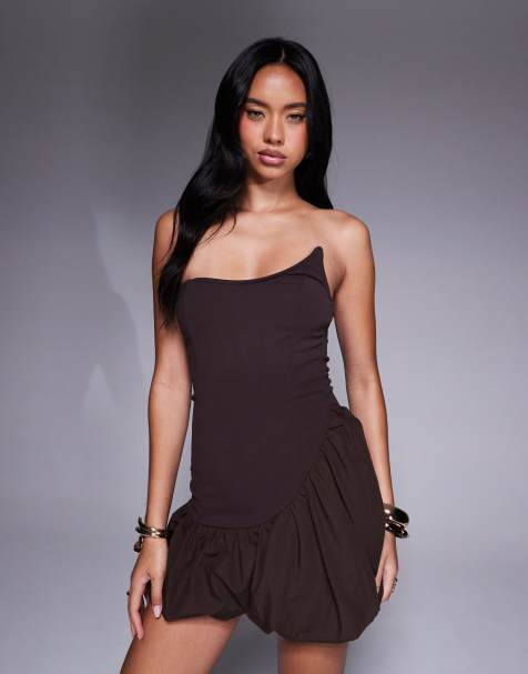 ASOS DESIGN - Robe bandeau courte et asymétrique en néoprène avec jupe bouffante - Chocolat - view 1