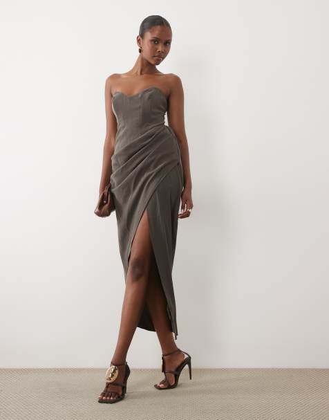 ASOS DESIGN - Robe bandeau drapée longueur mollet avec fente - Chocolat - view 1