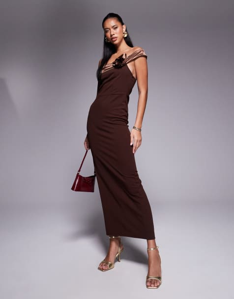 ASOS DESIGN - Robe bandeau en néoprène longueur mollet avec grosse fleur contrastante - Chocolat - view 1