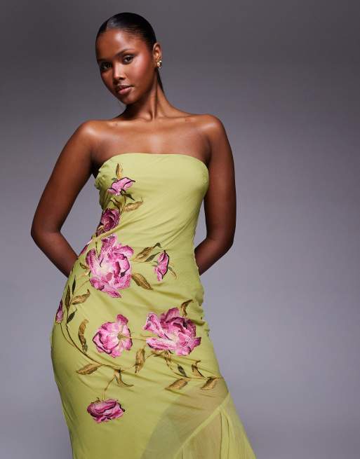 ASOS DESIGN - Robe bandeau longue à fleurs brodées avec ourlet asymétrique à volants - Vert, 2 de 4