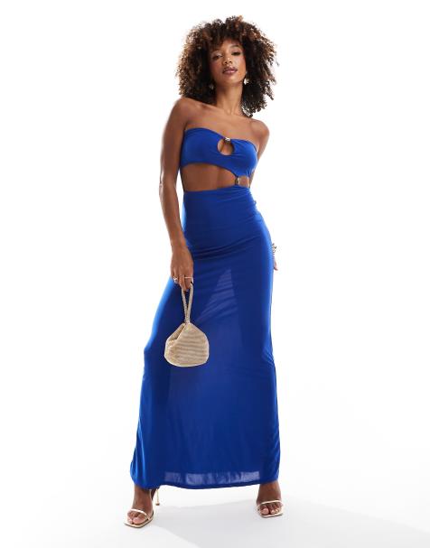 ASOS DESIGN - Robe bandeau longue avec perle dorée - Bleu cobalt - view 1