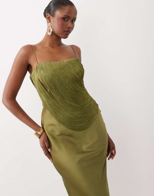 ASOS DESIGN - Robe bandeau longue avec superposition drapée à franges - Vert olive, 3 de 4