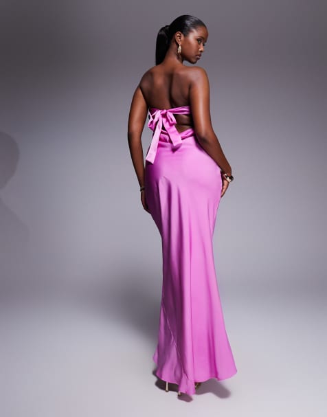 ASOS DESIGN - Robe bandeau longue coupe trapèze en satin avec nœud dans le dos - Lilas - view 1