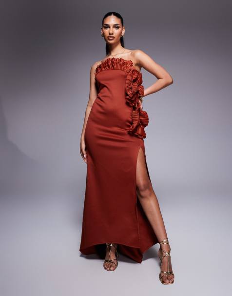 ASOS DESIGN - Robe bandeau longue en néoprène avec détails à volants plissés façon éventails - Rouille - view 1