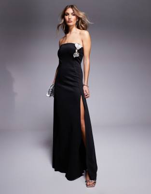 ASOS DESIGN - Robe bandeau longue en néoprène avec détails fleurs à strass et fente haute - Noir - view 1