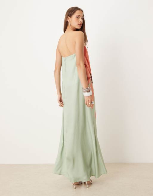 ASOS DESIGN - Robe bandeau longue en satin à jupe trapèze et imprimé fleurs - Menthe, 3 de 4