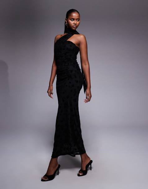 ASOS DESIGN - Robe bandeau longue en tulle avec détail foulard et motif fleuri floqué - Noir - view 1