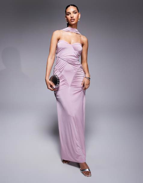 ASOS DESIGN - Robe bandeau longue froncée près du corps avec col style foulard - Lilas - view 1