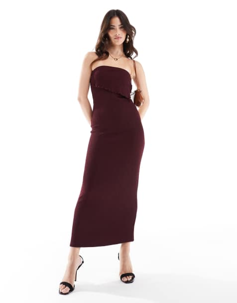 ASOS DESIGN - Robe bandeau longue texturée à rabat - Bordeaux - view 1