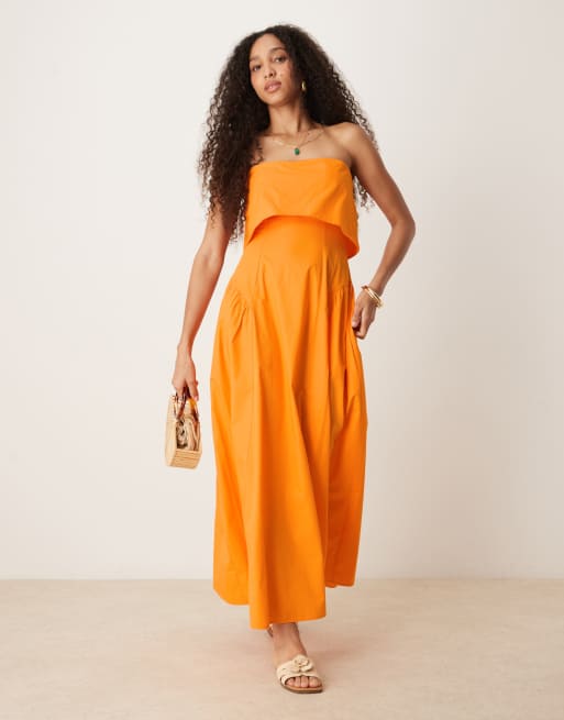 ASOS DESIGN - Robe bandeau mi-longue à encolure rabattue et godets - Orange, 2 de 4