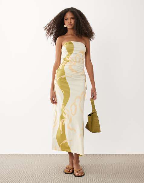 ASOS DESIGN - Robe bandeau mi-longue à imprimé abstrait avec fronces latérales - Crème et olive - view 1