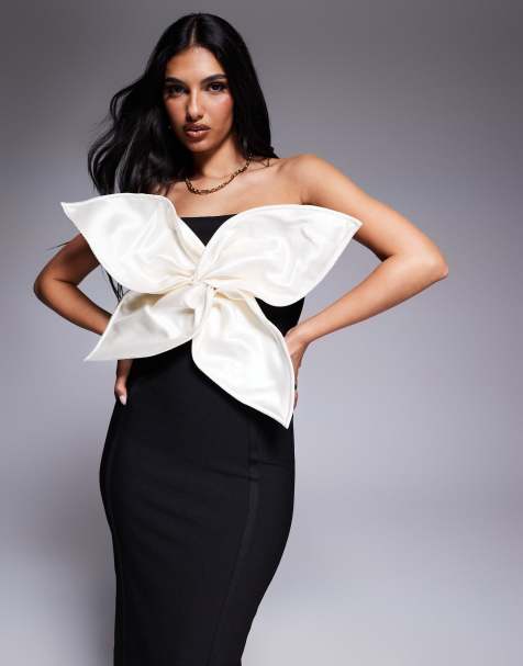 ASOS DESIGN - Robe bandeau mi-longue de qualité supérieure avec fleur en satin contrastant - Noir et crème - view 1