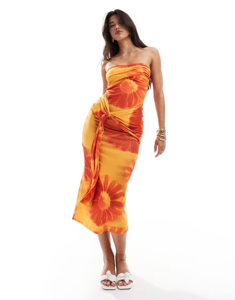 ASOS DESIGN - Robe bandeau mi-longue effet drapé à imprimé marguerites et détail torsadé - view 1