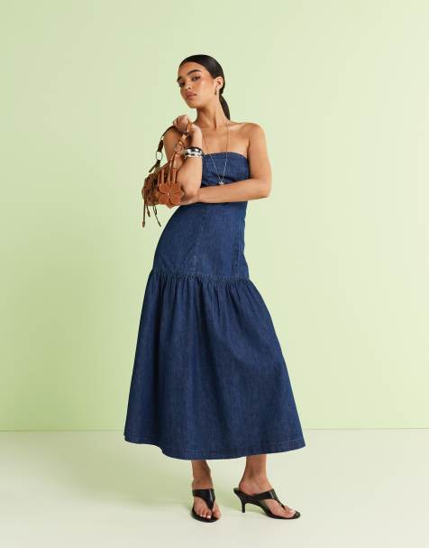 ASOS DESIGN - Robe bandeau mi-longue en denim doux avec plis - Délavé - view 1