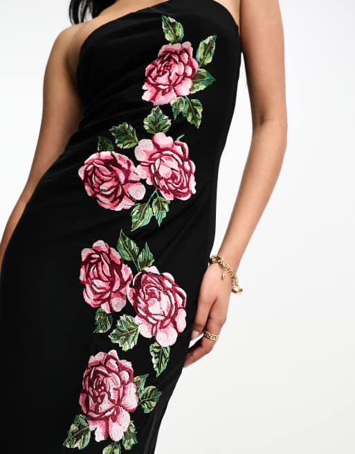 ASOS DESIGN - Robe bandeau mi-longue en tulle avec roses brodées sur le côté - Noir, 2 de 4