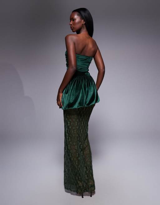 ASOS DESIGN - Robe bandeau mi-longue en velours avec basques et jupe en dentelle - Vert, 3 de 4