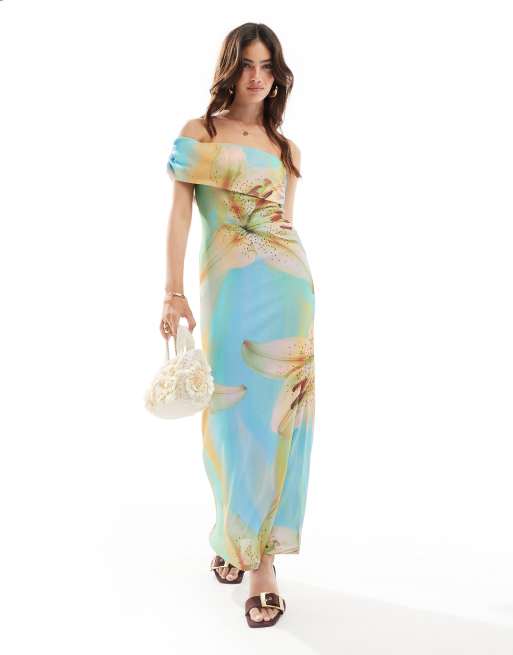 ASOS DESIGN - Robe bandeau mi-longue froncée et texturée à imprimé hibiscus oversize