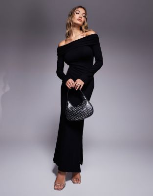 ASOS DESIGN - Robe Bardot mi-longue torsadée dans le dos avec découpe et manches longues - Noir