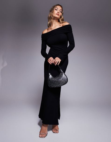 ASOS DESIGN - Robe Bardot mi-longue torsadée dans le dos avec découpe et manches longues - Noir - view 1