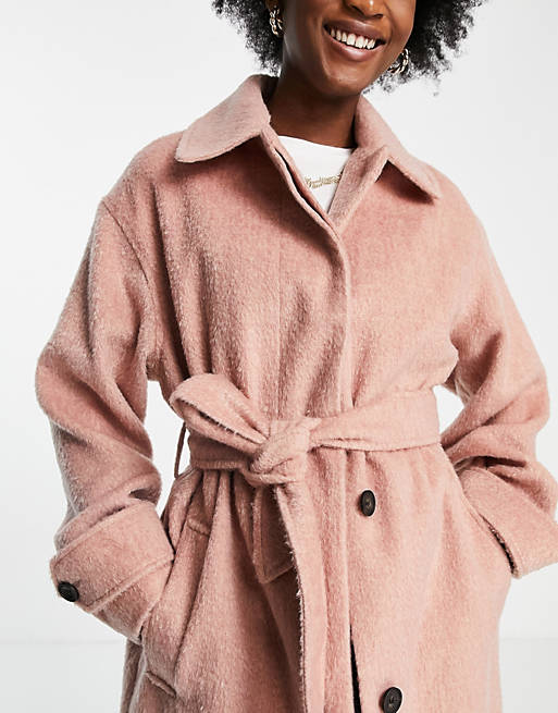 Blue Womens Coats ASOS Coats ASOS Synthetic Brushed Belted Coat in Pink 
