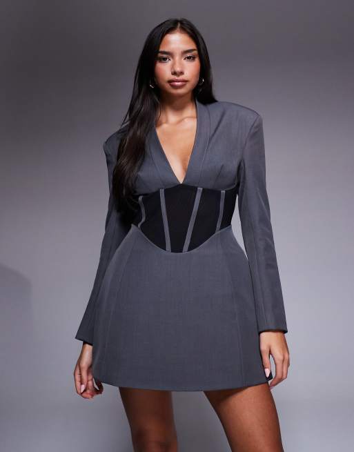 ASOS DESIGN - Robe blazer courte ajustée contrecollée à empiècement en tulle de qualité supérieure - Gris anthracite , 2 de 4