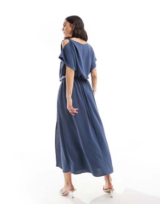 ASOS DESIGN Robe blousante mi longue a bretelles nouees Bleu jean