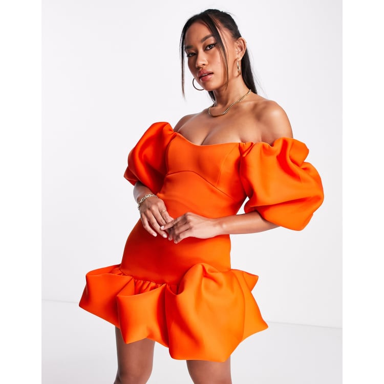 ASOS DESIGN Robe boule courte a encolure Bardot Orange flamme ASOS