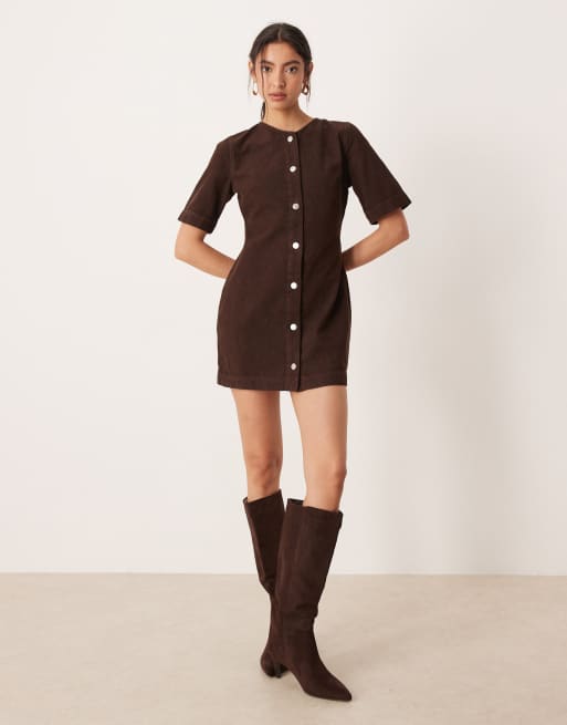ASOS DESIGN - Robe boutonnée courte en velours côtelé - Marron chocolat, 2 de 4