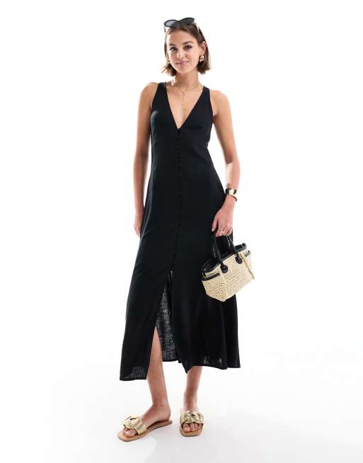 ASOS DESIGN - Robe boutonnée mi-longue à jupe évasée - Noir