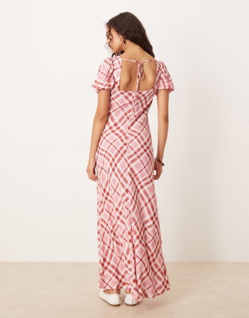 ASOS DESIGN - Robe boutonnée mi-longue à manches bouffantes et motif à carreaux - Rose, 4 de 4