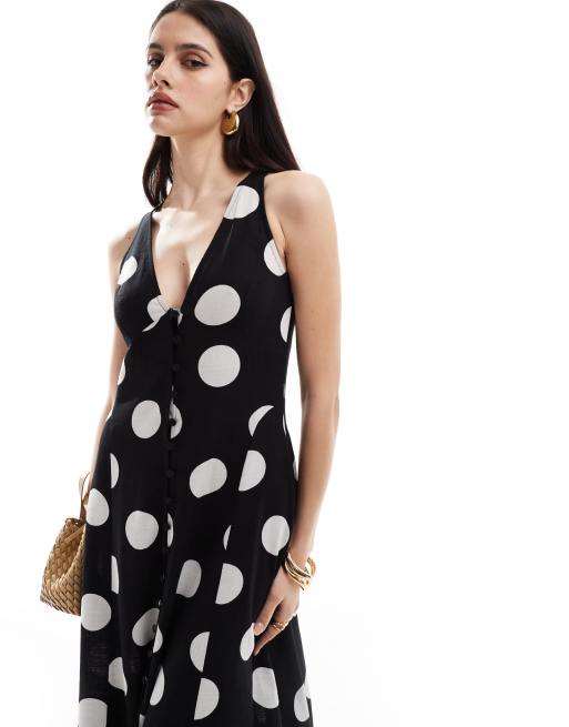 ASOS DESIGN Robe boutonnee mi longue en lin a pois et jupe evasee