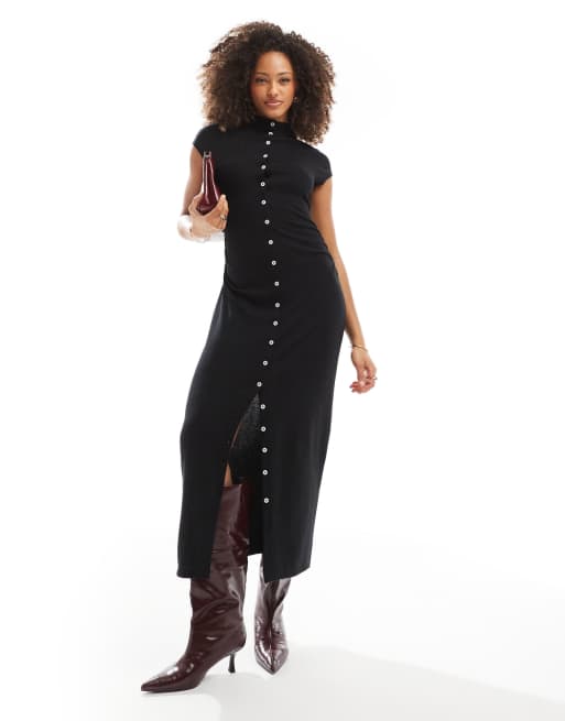 ASOS DESIGN - Robe boutonnée mi-longue et ultra douce à mancherons - Noir