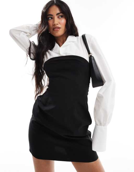 ASOS DESIGN Robe bustier courte 2 en 1 en bengaline avec sous chemise contrastante Noir et blanc