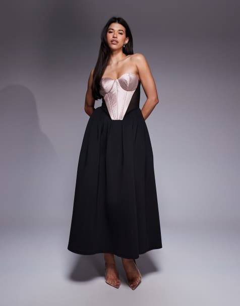 ASOS DESIGN - Robe bustier longue avec corset en satin et jupe évasée de qualité supérieure - Noir - view 1