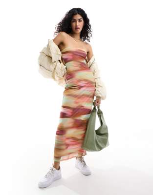 ASOS DESIGN - Robe bustier longue en tulle à imprimé abstrait effet flou - Multicolore
