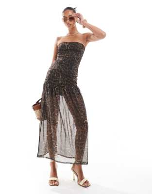 ASOS DESIGN - Robe bustier longueur mollet à taille basse et fronces en tulle - Imprimé léopard-Multicolore