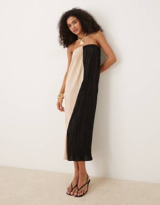 ASOS DESIGN - Robe bustier mi-longue plissée - Beige et noir color block-Multicolore