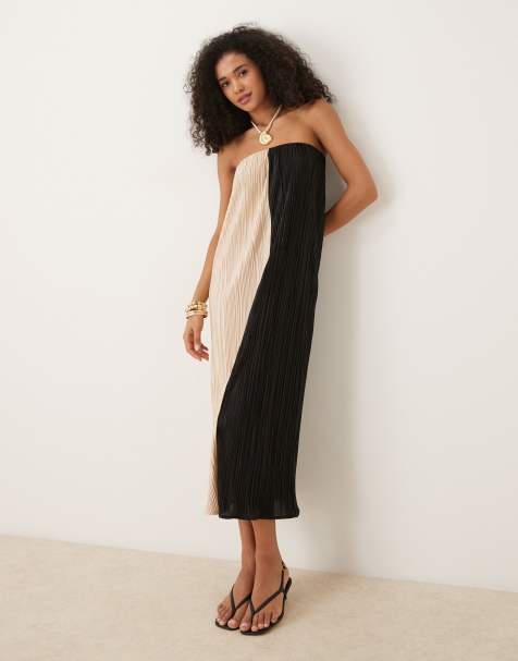 ASOS DESIGN - Robe bustier mi-longue plissée - Beige et noir color block - view 1