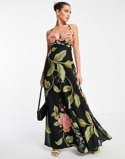 ASOS DESIGN - Robe cache-cœur longue à bretelles fines croisées au dos et grand imprimé floral