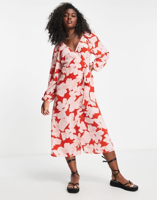 ASOS DESIGN - Robe cache-cœur mi-longue à ceinture et grand imprimé floral  - Rouge