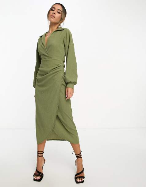 ASOS DESIGN - Robe cache-cœur mi-longue texturée avec col - Kaki foncé - view 1