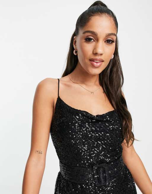 ASOS DESIGN - Robe caraco courte ornée de sequins avec ceinture - Noir, 3 de 4