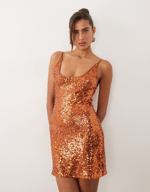 ASOS DESIGN - Robe caraco courte transparente à ornements et sequins disséminés - Orange, 3 de 4