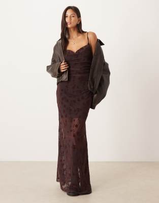 Robe caraco longue à col bénitier et motif fleuri floqué - Marron-Brown S