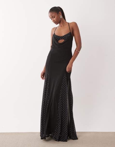 ASOS DESIGN - Robe caraco longue à pois et soutien-gorge avec jupe à godets - Noir - view 1