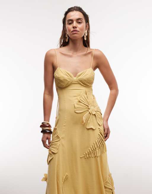ASOS DESIGN - Robe caraco longue avec appliqué floral et plis sur le buste - Jaune, 3 de 7