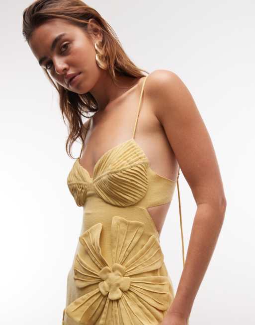 ASOS DESIGN - Robe caraco longue avec appliqué floral et plis sur le buste - Jaune, 4 de 7